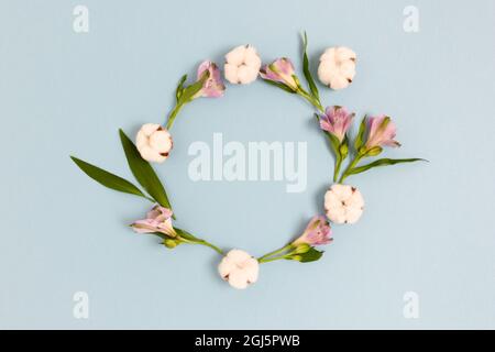 Cadre rond en fleurs d'alstroemeria, coton et feuilles vertes sur fond bleu pastel. Composition florale des fêtes. Banque D'Images