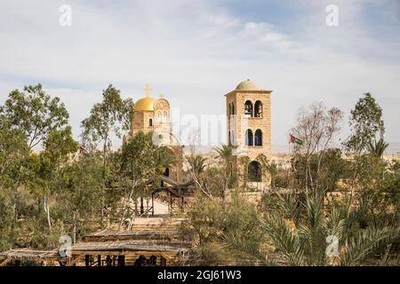 Jordanie, rivière Jordan. Église orthodoxe grecque à River's Edge. Banque D'Images