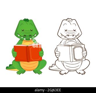 Livre de coloriage, le crocodile vert mignon est en train de lire un livre. Illustration vectorielle de style dessin animé, dessin de contour Illustration de Vecteur