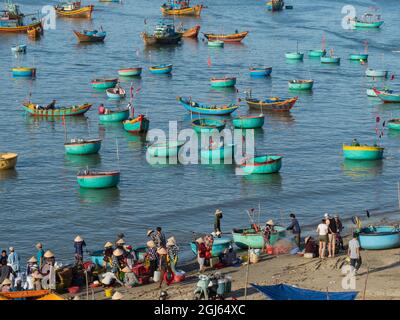 Asie, Vietnam, Mui ne. Pêcheurs dans les bateaux de pêche ronds traditionnels appelés les coracles. Banque D'Images