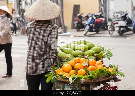 Femme vendant des fruits et légumes frais de son vélo dans les rues animées de Hanoi, Vietnam. Banque D'Images