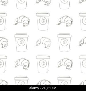 Une mise en plan de ligne continue. Nouilles fast-food. Style minimaliste moderne. Icône de croisant doux et tasse de café isolée sur fond blanc. Seamles Illustration de Vecteur