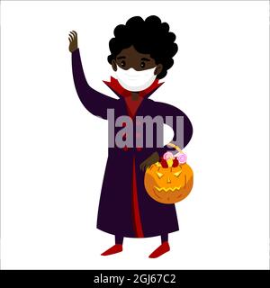 Petit garçon en costume de vampire halloween et porter un masque de protection. Illustration de la protection contre les coronavirus. Illustration vectorielle de style dessin animé isola Illustration de Vecteur