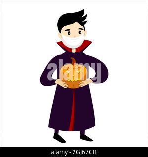 Petit garçon en costume de vampire halloween et porter un masque de protection. Illustration de la protection contre les coronavirus. Illustration vectorielle de style dessin animé isola Illustration de Vecteur