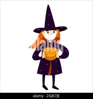 Petite fille en costume de sorcière halloween et masque de protection. Illustration de la protection contre les coronavirus. Illustration vectorielle de style dessin animé isolée sur Illustration de Vecteur