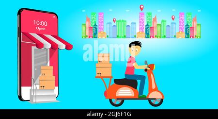 Boutique en ligne. Scooter avec liveur. Personnage de dessin animé. Illustration vectorielle. Illustration de Vecteur