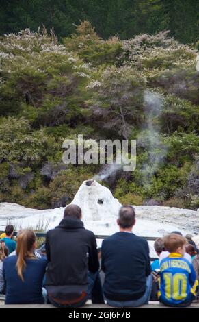 Les touristes regardant l'éruption de Lady KNOX Geyser à Wai-O-Tapu Thermal Wonderland à Rotorua, Nouvelle-Zélande. Banque D'Images