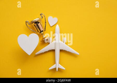 Voyages en avion. Satisfaction de l'industrie aéronautique. Jouet avion avec trophée d'or Banque D'Images