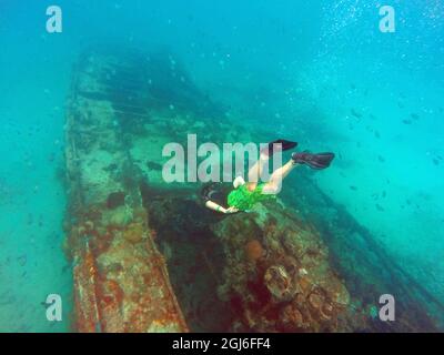 Caraïbes, Barbade, Carlisle Bay. L'épave a intentionnellement coulé dans la baie de Carlisle pour former un récif artificiel. Banque D'Images