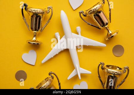 Voyages en avion. Satisfaction de l'industrie aéronautique. Jouet avion avec trophée d'or Banque D'Images