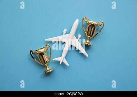 Voyages en avion. Satisfaction de l'industrie aéronautique. Jouet avion avec trophée d'or Banque D'Images