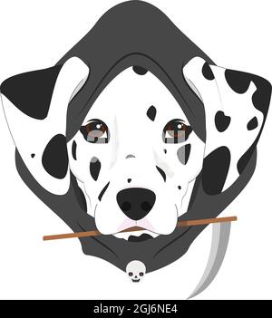 Carte de voeux pour Halloween. Chien dalmatien vêtu d'une cagoule noire et d'une petite scythe dans la bouche Illustration de Vecteur
