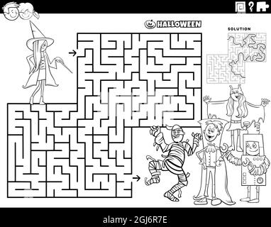 Dessin animé noir et blanc illustration du jeu éducatif de puzzle de labyrinthe avec les enfants sur Halloween page de livre de coloriage de temps Illustration de Vecteur