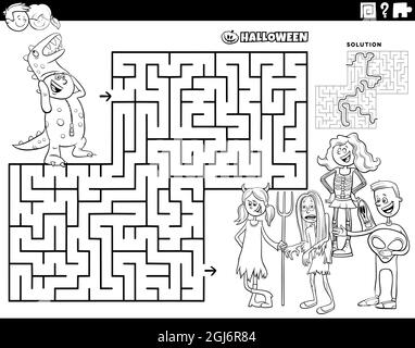 Dessin animé noir et blanc illustration du jeu éducatif de puzzle de labyrinthe avec les enfants à la page de livre de coloriage de fête d'Halloween Illustration de Vecteur