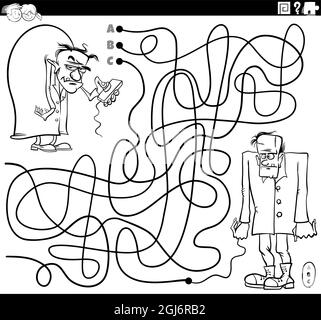 Dessin animé noir et blanc illustration de lignes labyrinthe jeu de puzzle avec le mal scientifique et zombie caractères coloriage livre page Illustration de Vecteur