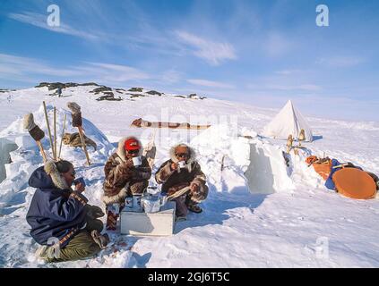 Baker Lake, Nunavut, Canada. Les hommes inuits s'assoient à l'extérieur de leurs igloos en sirotant du thé chaud. On peut voir les bottes s'aérer, avec une tente et un traîneau traditionnel Banque D'Images