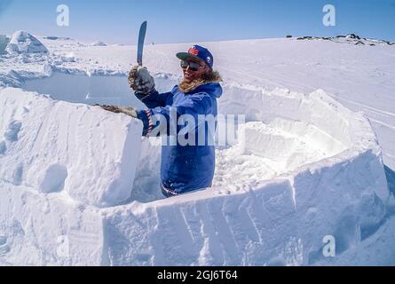 Baker Lake, Nunavut, Canada. Homme aîné inuit, habillé de vêtements modernes de l'arctique, construisant des igloo en sculptant des blocs de neige et en les plaçant soigneusement. THI Banque D'Images