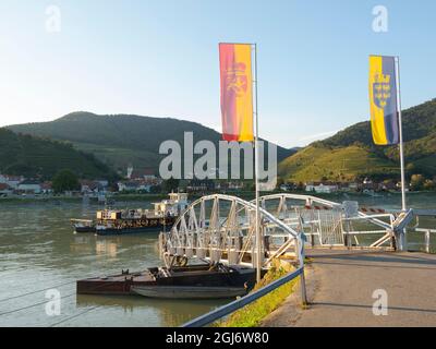 Ferry en câble près de Spitz traversant le Danube dans la région viticole, site classé au patrimoine mondial de l'UNESCO. Basse-Autriche Banque D'Images