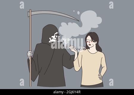 Addiction au tabagisme et à la mort concept. Personnage de mort dans la capuche debout à côté de la femme éclairant la cigarette addicted à fumer illustration vectorielle Illustration de Vecteur