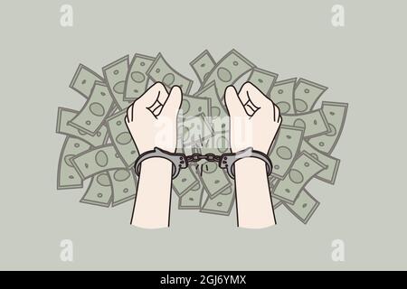 Mettre fin à la corruption et à la criminalité financière. Les mains humaines dans les menottes au-dessus de la quantité d'argent liquide pot-de-vin corruption illustration du vecteur de corruption Illustration de Vecteur