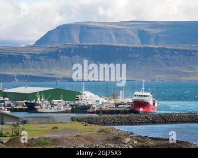 Port à Bildudalur au fjord Sudurfjirdir. Les Westfjords éloignés (Vestfirdir) dans le nord-ouest de l'Islande. (Usage éditorial uniquement) Banque D'Images