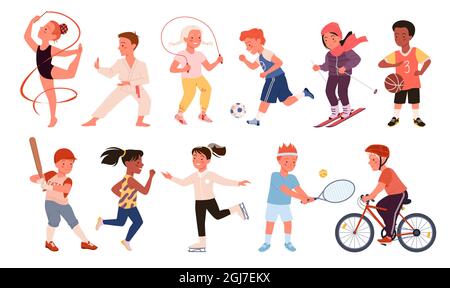 Enfants faisant des exercices de sport ensemble illustration vectorielle. Dessin animé Joyeux garçon fille course, enfant jouer football, baseball et tennis, corde de saut, actif Illustration de Vecteur