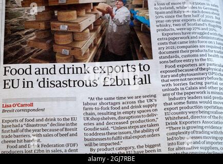 « les exportations de nourriture et de boissons vers l'UE en « baisse de 2 milliards de livres sterling » Article sur le Brexit dans Guardian Inside page titre du journal 2 septembre 2021 Londres Angleterre Royaume-Uni Banque D'Images