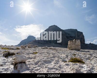 Vue vers Cima del Groste. Les Dolomites de Brenta, site classé au patrimoine mondial de l'UNESCO. Italie, Trentin, Val Rendena Banque D'Images