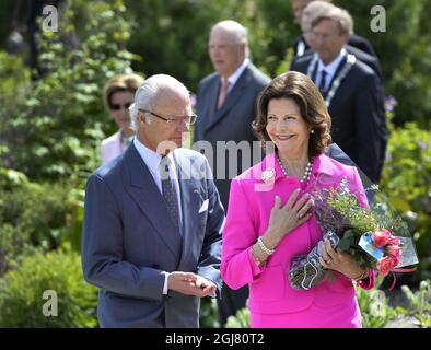 TROMSÃ– 2013-06-19 le roi Carl XVI Gustaf, la reine Silvia de Suède et le roi Harald et la reine Sonja de Norvège, visite la ville de Tromso, jardin botanique arctique nord de la Norvège le 19 juin 2013. Les Royals suédois sont en visite officielle sur invitation du roi Harald de Norvège. Photo Anders Wiklund / SCANPIX / Kod 10040 Banque D'Images