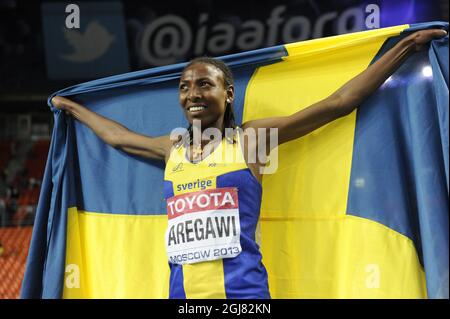 Abeba Aregawi, en Suède, réagit après avoir remporté la finale féminine de 1500 mètres aux Championnats du monde de l'IAAF 2013 au stade Luzhniki à Moscou le 15 août 2013. Photo Erik Martensson / SCANPIX / Kod 10400 Banque D'Images