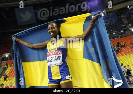 Abeba Aregawi, en Suède, réagit après avoir remporté la finale féminine de 1500 mètres aux Championnats du monde de l'IAAF 2013 au stade Luzhniki à Moscou le 15 août 2013. Photo Erik Martensson / SCANPIX / Kod 10400 Banque D'Images