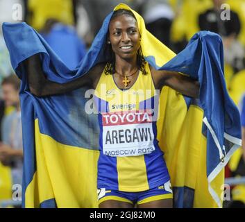 Abeba Aregawi, en Suède, réagit après avoir remporté la finale féminine de 1500 mètres aux Championnats du monde de l'IAAF 2013 au stade Luzhniki à Moscou le 15 août 2013. Photo Erik Martensson / SCANPIX / Kod 10400 Banque D'Images