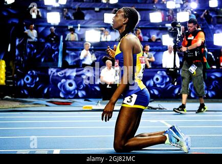 Abeba Aregawi, en Suède, réagit après avoir remporté la finale féminine de 1500 mètres aux Championnats du monde de l'IAAF 2013 au stade Luzhniki à Moscou le 15 août 2013. Photo Erik Martensson / SCANPIX / Kod 10400 Banque D'Images