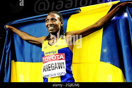 Abeba Aregawi, en Suède, réagit après avoir remporté la finale féminine de 1500 mètres aux Championnats du monde de l'IAAF 2013 au stade Luzhniki à Moscou le 15 août 2013. Photo Erik Martensson / SCANPIX / Kod 10400 Banque D'Images