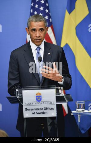 STOCKHOLM 20130904 le président américain Barack Obama lors de la conférence de presse dans les bureaux du gouvernement à Stockholm, Suède, le 4 septembre 2013. Le président Obama est en Suède pour des pourparlers bilatéraux avant un sommet du G20 en Russie. Foto Jonas Ekstromer / SCANPIX Kod 10030 Banque D'Images