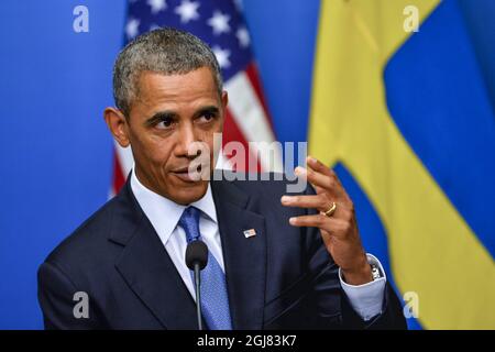 STOCKHOLM 20130904 le président américain Barack Obama lors de la conférence de presse dans les bureaux du gouvernement à Stockholm, Suède, le 4 septembre 2013. Le président Obama est en Suède pour des pourparlers bilatéraux avant un sommet du G20 en Russie. Foto Jonas Ekstromer / SCANPIX Kod 10030 Banque D'Images