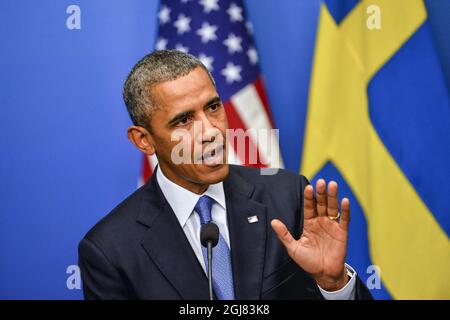 STOCKHOLM 20130904 le président américain Barack Obama lors de la conférence de presse dans les bureaux du gouvernement à Stockholm, Suède, le 4 septembre 2013. Le président Obama est en Suède pour des pourparlers bilatéraux avant un sommet du G20 en Russie. Foto Jonas Ekstromer / SCANPIX Kod 10030 Banque D'Images