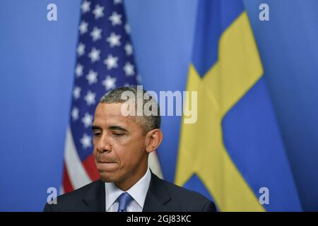 STOCKHOLM 20130904 le président américain Barack Obama lors de la conférence de presse dans les bureaux du gouvernement à Stockholm, Suède, le 4 septembre 2013. Le président Obama est en Suède pour des pourparlers bilatéraux avant un sommet du G20 en Russie. Foto Jonas Ekstromer / SCANPIX Kod 10030 Banque D'Images