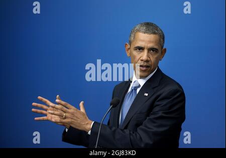 STOCKHOLM 20130904 le président américain Barack Obama lors de la conférence de presse dans les bureaux du gouvernement à Stockholm, Suède, le 4 septembre 2013. Le président Obama est en Suède pour des pourparlers bilatéraux avant un sommet du G20 en Russie. Foto Jessica Gow / SCANPIX Kod 10070 Banque D'Images