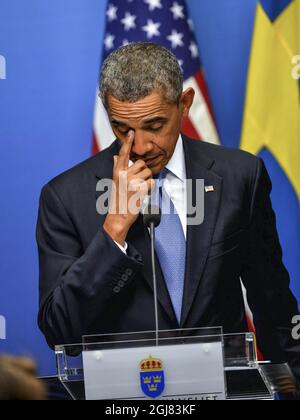 STOCKHOLM 20130904 le président américain Barack Obama lors de la conférence de presse dans les bureaux du gouvernement à Stockholm, Suède, le 4 septembre 2013. Le président Obama est en Suède pour des pourparlers bilatéraux avant un sommet du G20 en Russie. Foto Jonas Ekstromer / SCANPIX Kod 10030 Banque D'Images