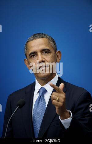 STOCKHOLM 20130904 le président américain Barack Obama lors de la conférence de presse dans les bureaux du gouvernement à Stockholm, Suède, le 4 septembre 2013. Le président Obama est en Suède pour des pourparlers bilatéraux avant un sommet du G20 en Russie. Foto Jessica Gow / SCANPIX Kod 10070 Banque D'Images