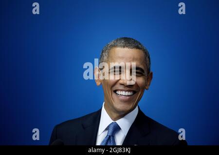 STOCKHOLM 20130904 le président américain Barack Obama lors de la conférence de presse dans les bureaux du gouvernement à Stockholm, Suède, le 4 septembre 2013. Le président Obama est en Suède pour des pourparlers bilatéraux avant un sommet du G20 en Russie. Foto Jessica Gow / SCANPIX Kod 10070 Banque D'Images