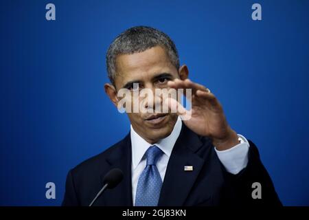 STOCKHOLM 20130904 le président américain Barack Obama lors de la conférence de presse dans les bureaux du gouvernement à Stockholm, Suède, le 4 septembre 2013. Le président Obama est en Suède pour des pourparlers bilatéraux avant un sommet du G20 en Russie. Foto Jessica Gow / SCANPIX Kod 10070 Banque D'Images