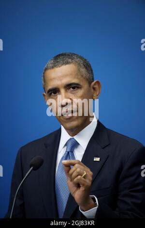 STOCKHOLM 20130904 le président américain Barack Obama lors de la conférence de presse dans les bureaux du gouvernement à Stockholm, Suède, le 4 septembre 2013. Le président Obama est en Suède pour des pourparlers bilatéraux avant un sommet du G20 en Russie. Foto Jessica Gow / SCANPIX Kod 10070 Banque D'Images