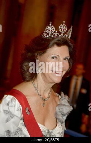 Stockholm 20131001 la Reine Silvia de Suède au dîner de gala du président portugais le Palais royal à Stockholm, Suède, le 1er octobre 2013. Le président portugais est en visite d'État en Suède. Foto: Janerik Henriksson / TT/ Kod 10010 Banque D'Images