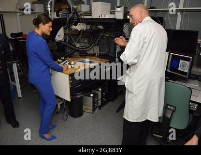 STOCKHOLM 2013-11-14 l'ingénieur de recherche principal Martin Kohler présente la microscopie confocale Crown Princess Victoria utilisée pour les images cellulaires 3D lorsque la Crown Princess visite le Rolf Luft Center for Diabetes Research à l'Institut Karolinska ( KI ) de Solna, Suède, le 14 novembre 2013. Photo: Henrik Montgomery / TT / Code 10060 Banque D'Images