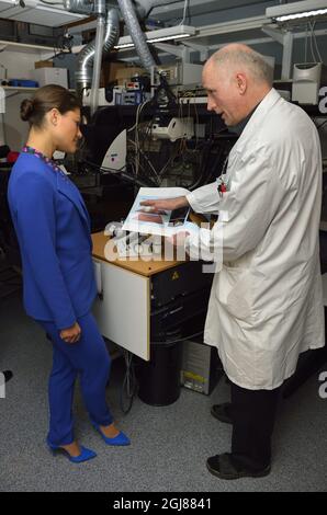 STOCKHOLM 2013-11-14 l'ingénieur de recherche principal Martin Kohler présente la microscopie confocale Crown Princess Victoria utilisée pour les images cellulaires 3D lorsque la Crown Princess visite le Rolf Luft Center for Diabetes Research à l'Institut Karolinska ( KI ) de Solna, Suède, le 14 novembre 2013. Photo: Henrik Montgomery / TT / Code 10060 Banque D'Images