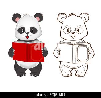 Livre de coloriage: Drôle petit panda tenant un livre dans ses mains. Vector, illustration en style de dessin animé, linéarte noir et blanc Illustration de Vecteur