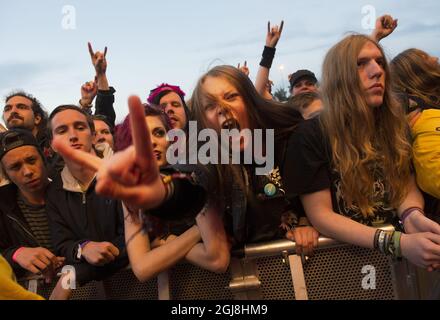 SOLVESBORG 2014-06-05 audience au concert américain Rob Zombie lors de la deuxième journée du festival suédois de musique rock Sweden Rock à Solvesborg, dans le sud de la Suède, le 05 juin 2014. Photo: Fredrik Sandberg / TT / code 10080 Banque D'Images