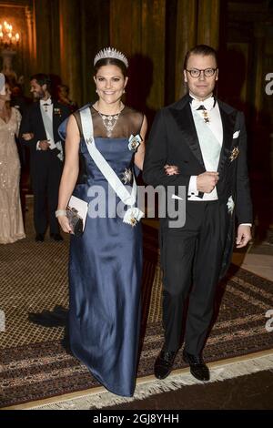 STOCKHOLM 2014-12-11 la princesse de la Couronne suédoise Victoria et le prince Daniel arrivent au Palais Royal de Stockholm, en Suède, jeudi pour le dîner offert par le roi pour les lauréats du prix Nobel 2014. Photo: Fredrik Sandberg / TT / Kod 10080 Banque D'Images